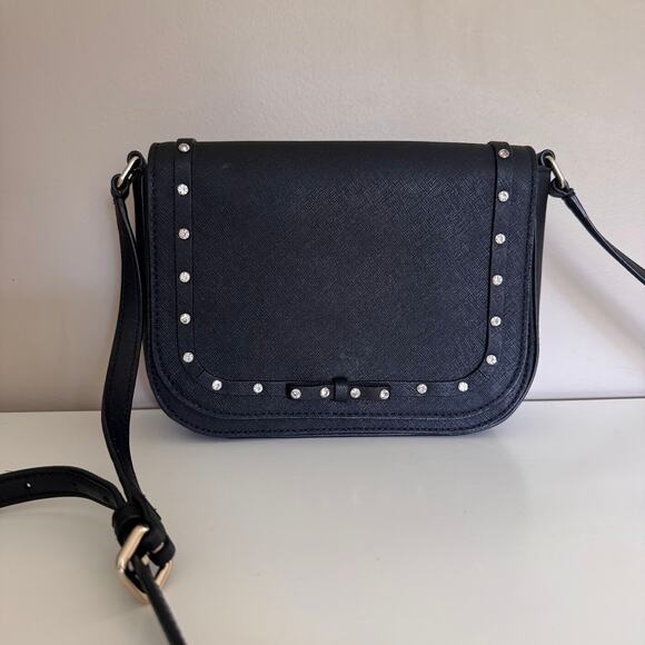 Kate Spade Laurel Way Jeweled Rhinestone Bow Black Leather Crossbody Bag - Picture 1 of 10